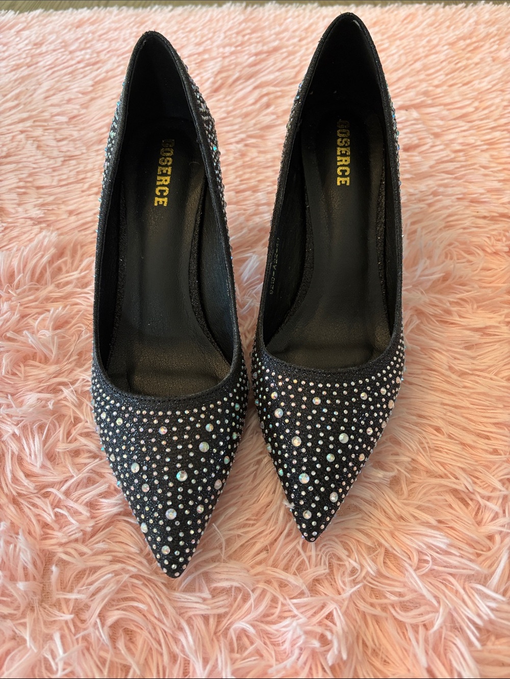 Black Crystal-Studded Pointed Toe Pumps by